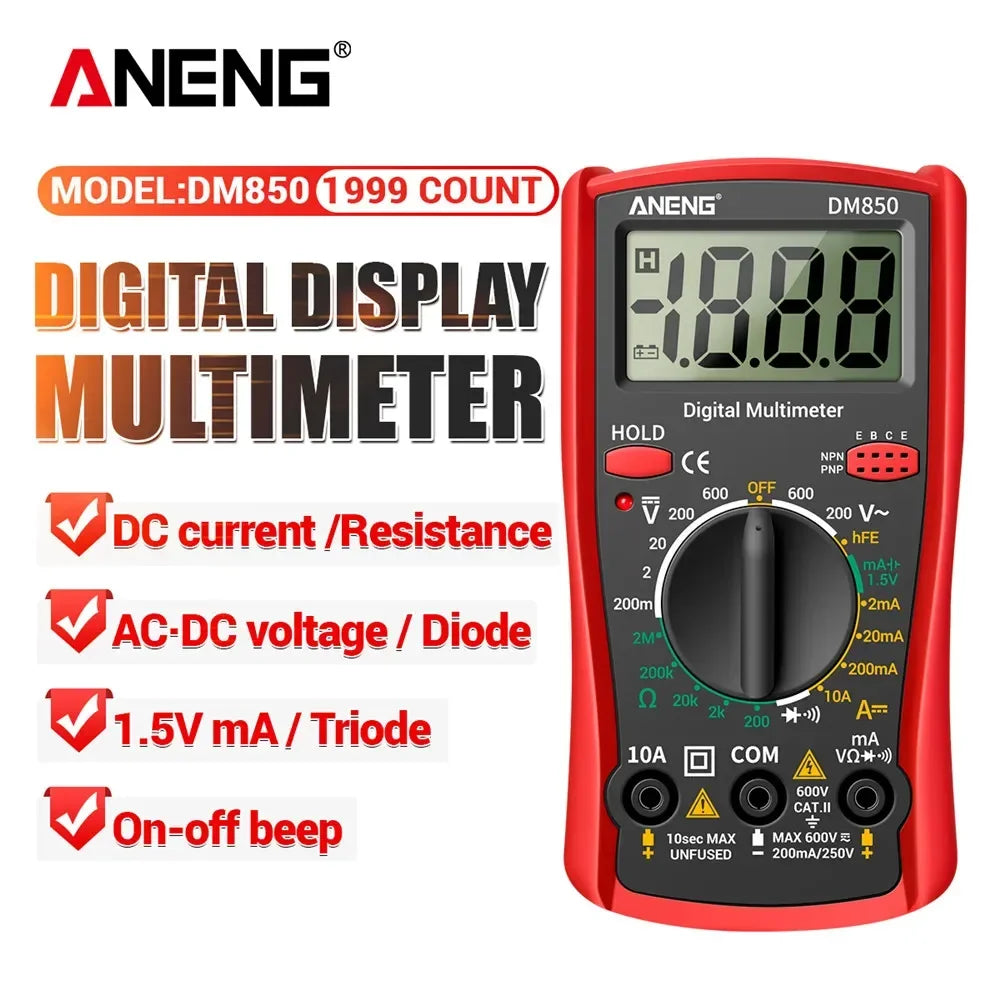 GearForge™ DM850 Pro Digital Multimeter — 1999 Count Auto/Manual AC/DC Tester with Voltage, Current, Resistance & Continuity Functions