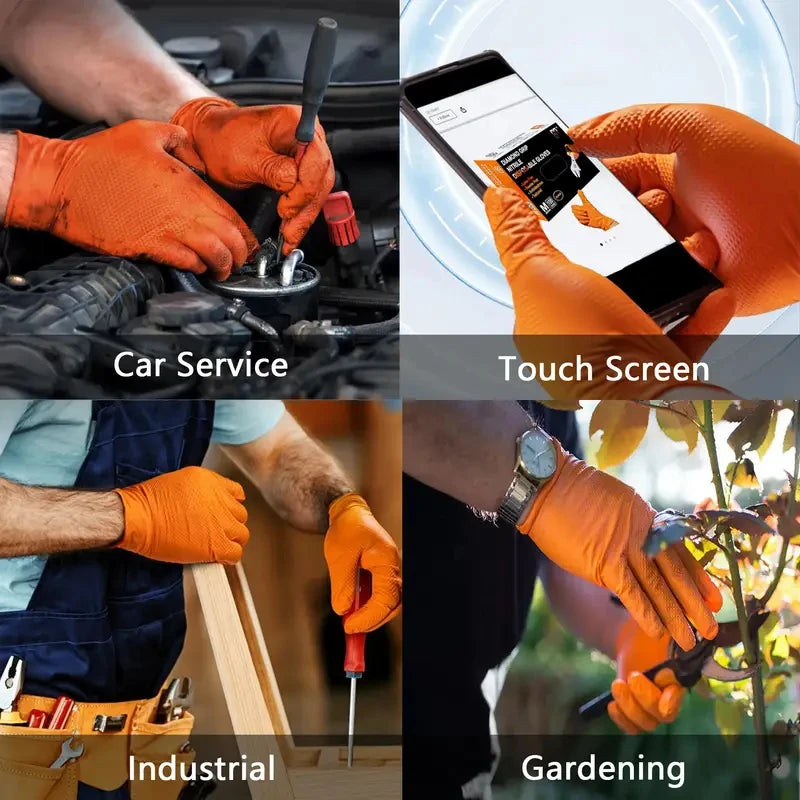 🧤 GearForge ProShield™ 8Mil Orange Nitrile Gloves – Heavy-Duty Industrial Disposable Gloves (Diamond Grip | Mechanic Grade)