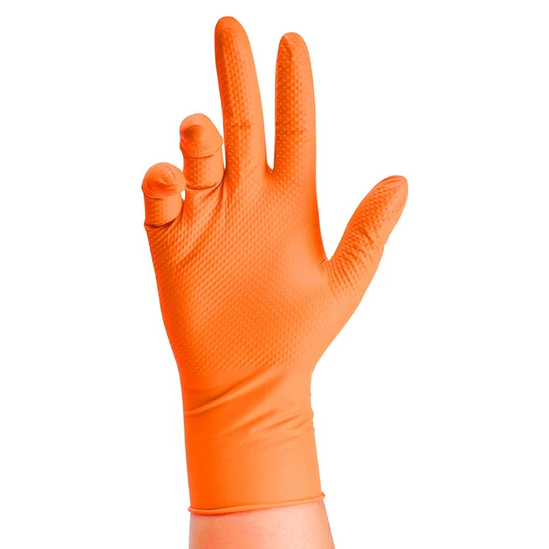 🧤 GearForge ProShield™ 8Mil Orange Nitrile Gloves – Heavy-Duty Industrial Disposable Gloves (Diamond Grip | Mechanic Grade)