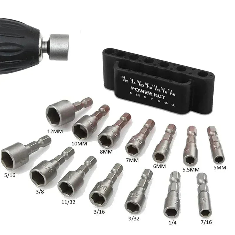 GearForge™ PowerNut Driver Set – 9-Piece / 14-Piece SAE & Metric Drill Socket Bit Kit (Chrome Vanadium Steel)
