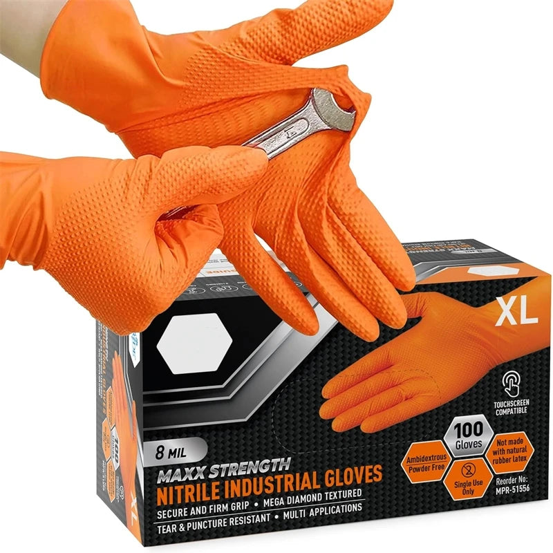 🧤 GearForge ProShield™ 8Mil Orange Nitrile Gloves – Heavy-Duty Industrial Disposable Gloves (Diamond Grip | Mechanic Grade)